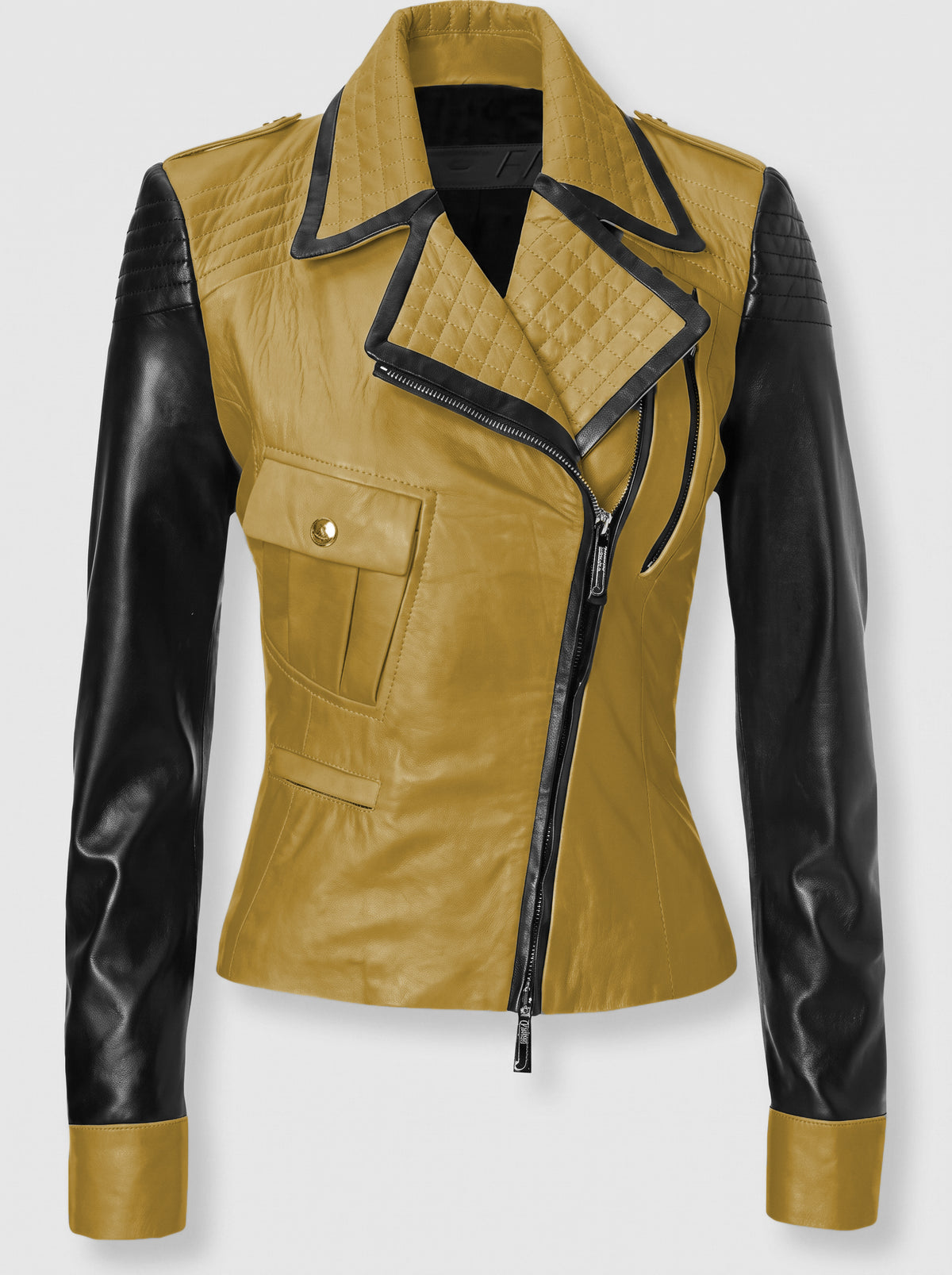 Luxury Yellow & Black Genuine Leather Jacket for Women