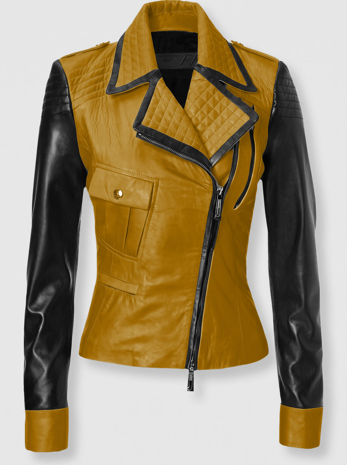 Luxury Yellow & Black Genuine Leather Jacket for Women