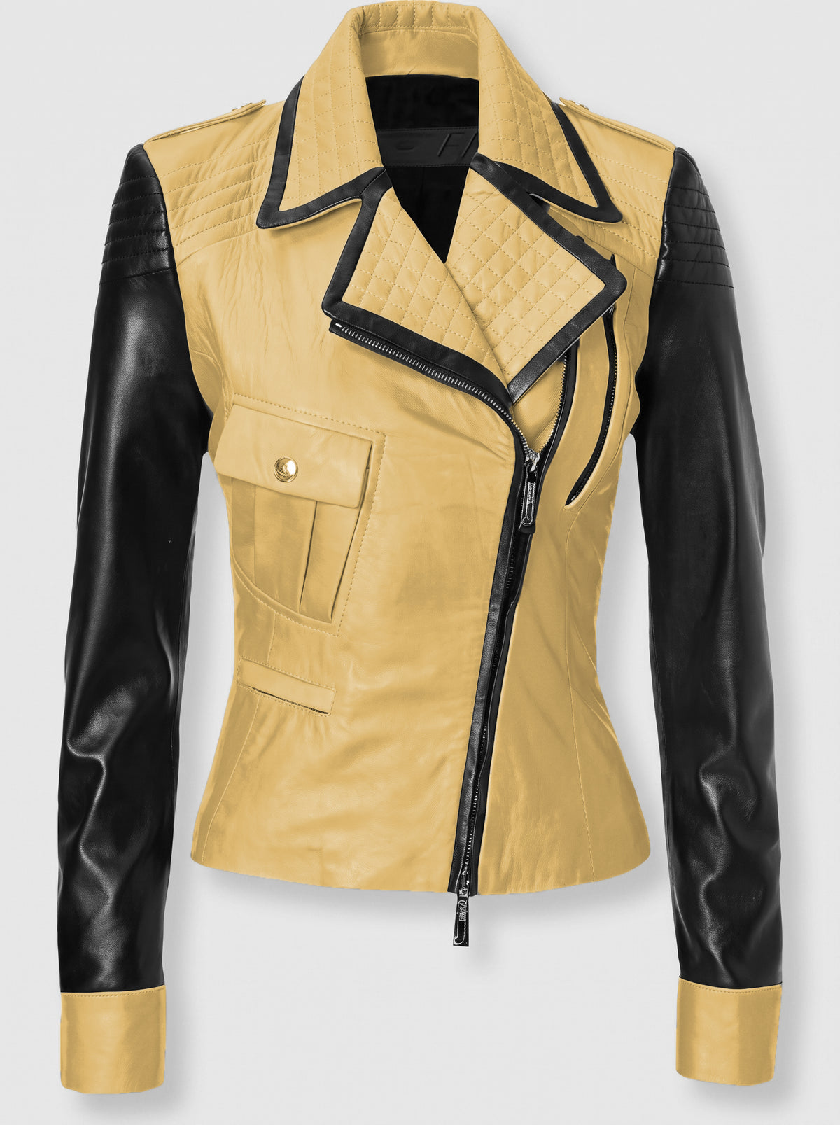 Luxury Yellow & Black Genuine Leather Jacket for Women
