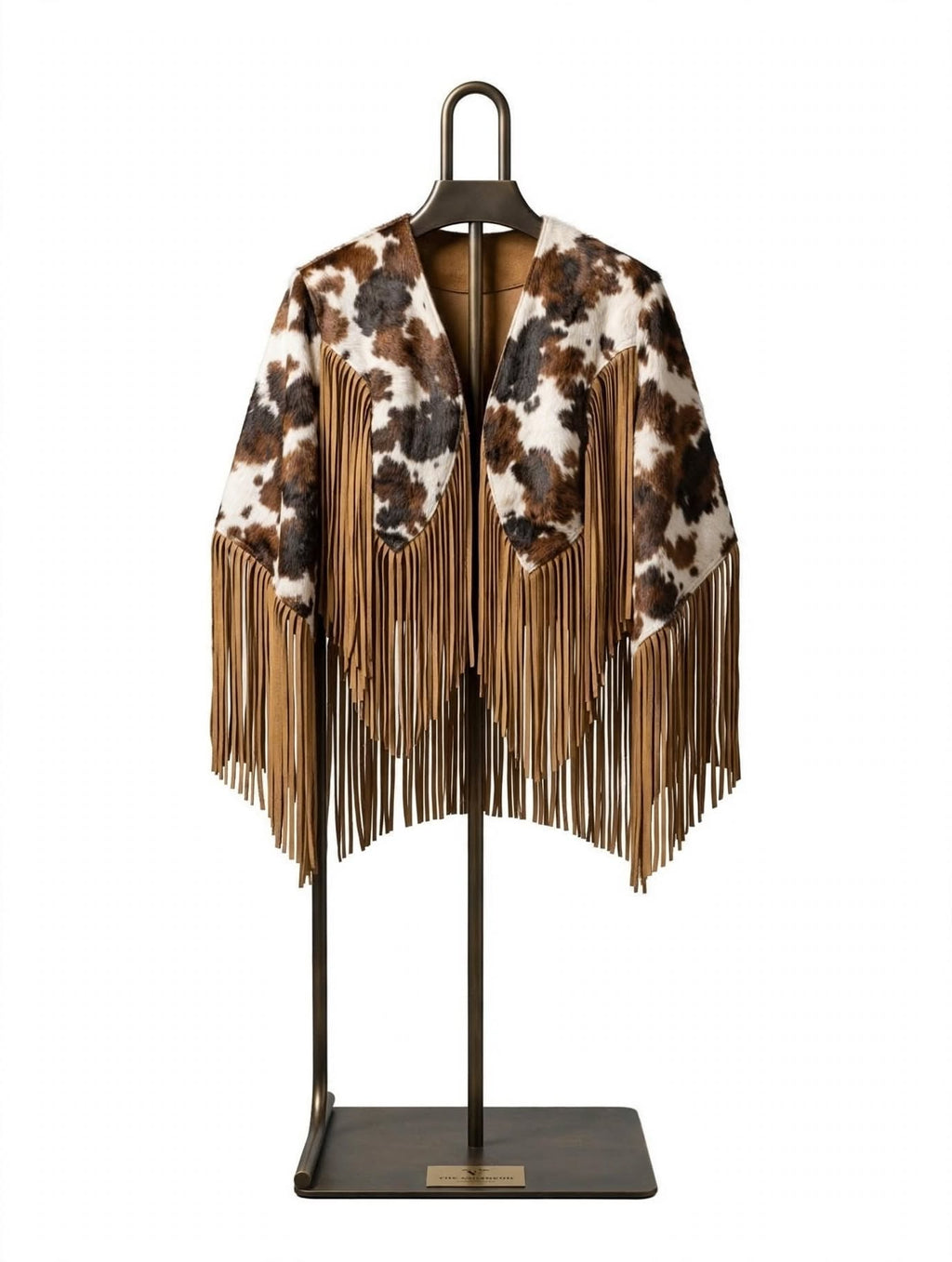Abilene Hair-On Cowhide Suede Fringe Cape - Brown & White, on a stand