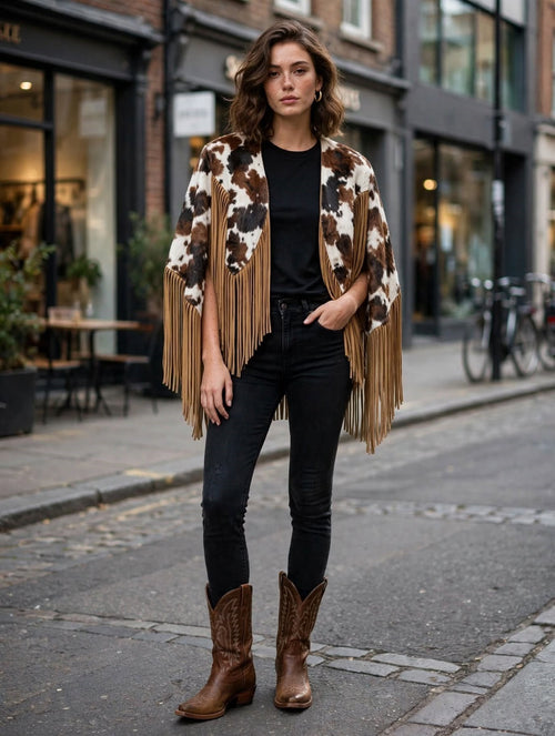 Abilene Hair-On Cowhide Suede Fringe Cape - Brown & White, street look