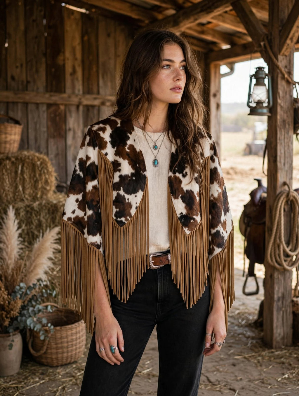 Abilene Hair-On Cowhide Suede Fringe Cape - Brown & White, barn look