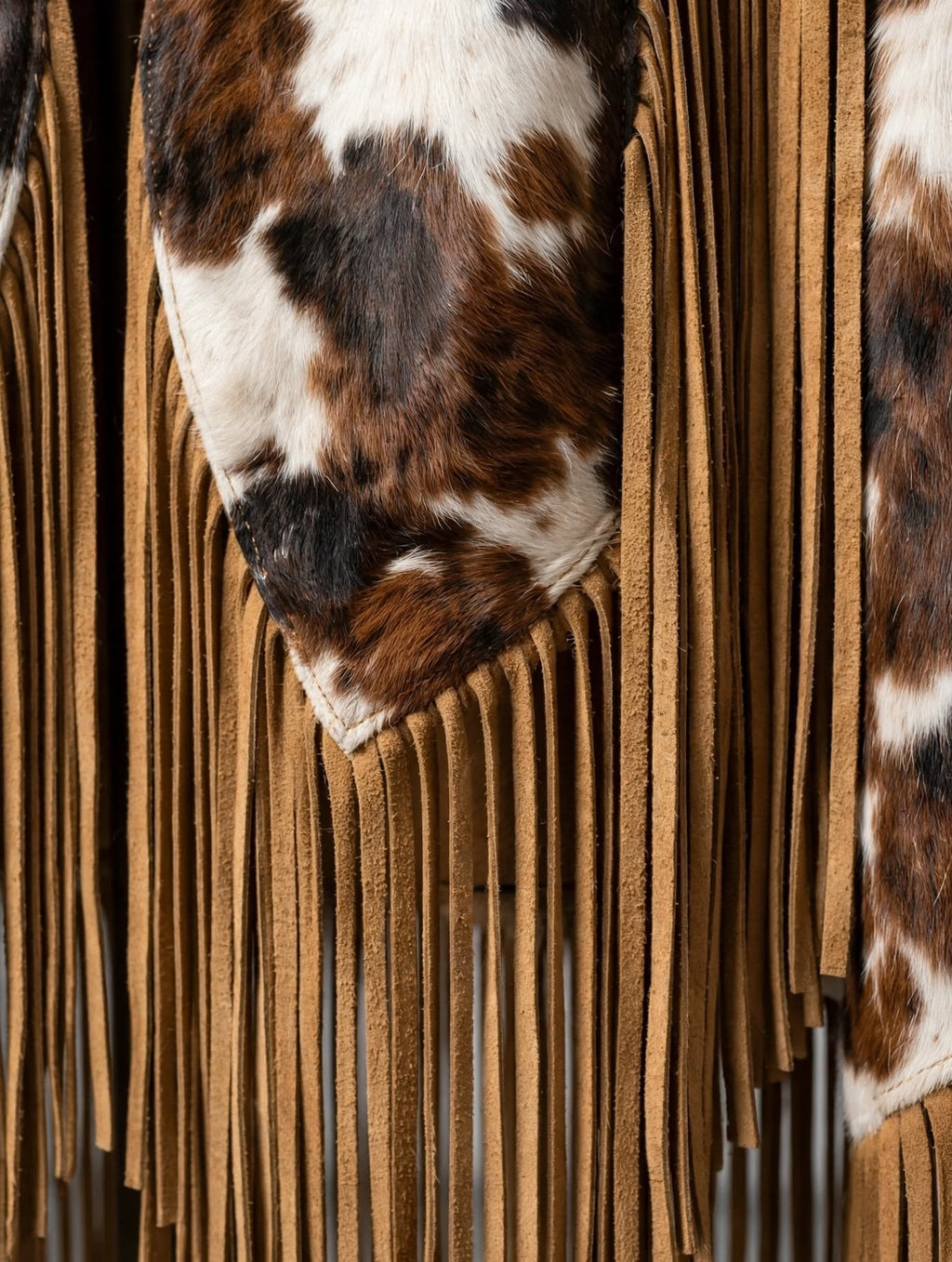 Abilene Hair-On Cowhide Suede Fringe Cape - Brown & White, fringe close-up