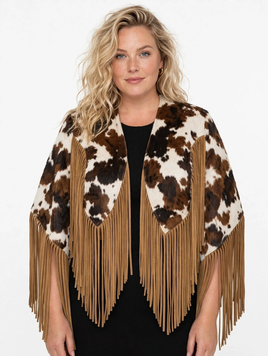 Abilene Hair-On Cowhide Suede Fringe Cape - Brown & White, front view