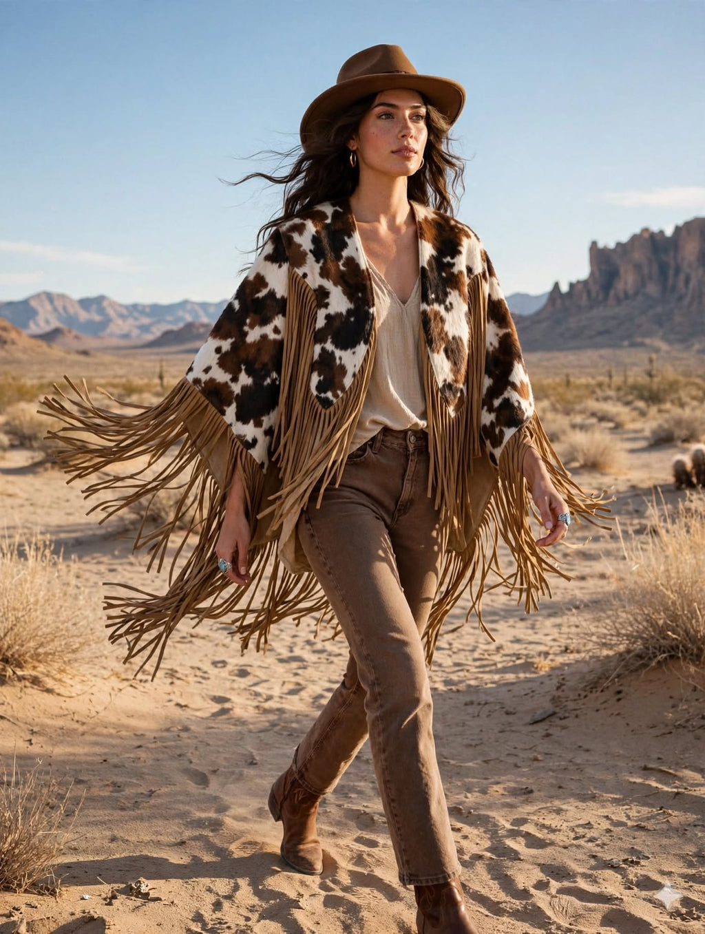 Abilene Hair-On Cowhide Suede Fringe Cape - Brown & White, desert look