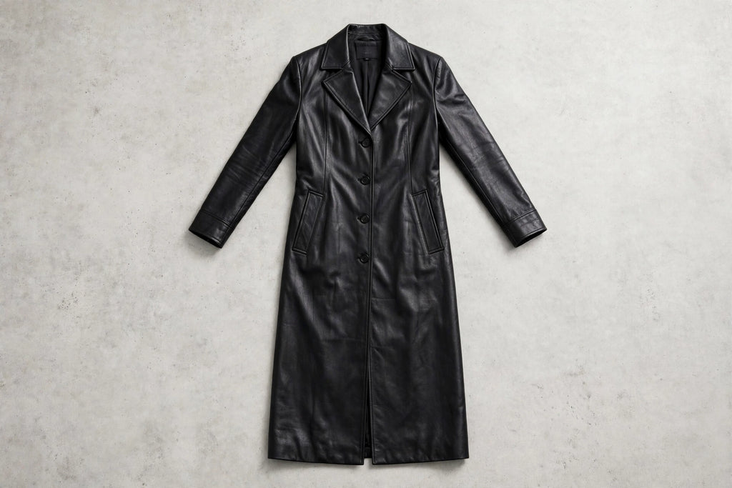 Aria Black Leather Long Coat - Black, flat lay