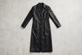 Aria Black Leather Long Coat - Black, flat lay