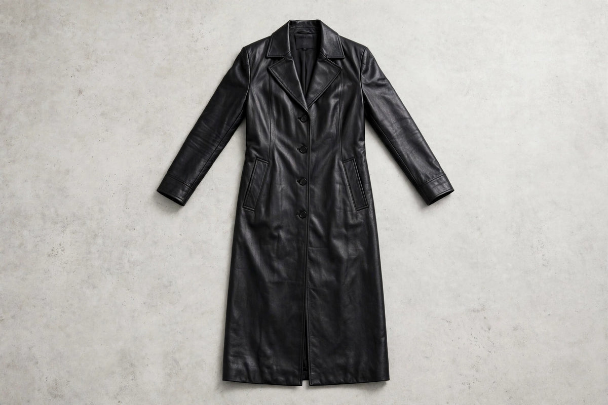 Aria Black Leather Long Coat - Black, flat lay