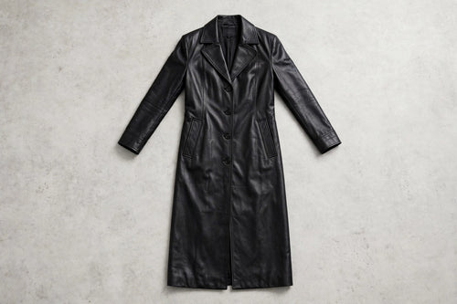 Aria Black Leather Long Coat - Black, flat lay