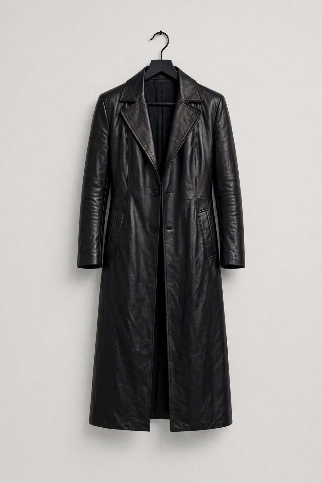 Aria Black Leather Long Coat - Black, on hanger
