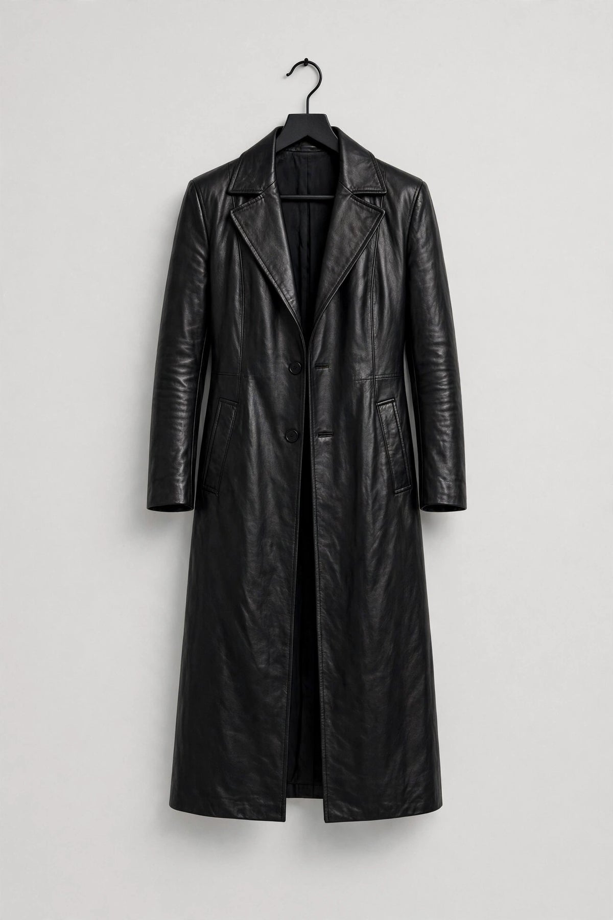 Aria Black Leather Long Coat - Black, on hanger