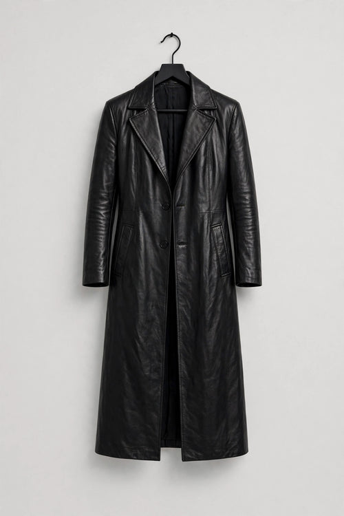 Aria Black Leather Long Coat - Black, on hanger