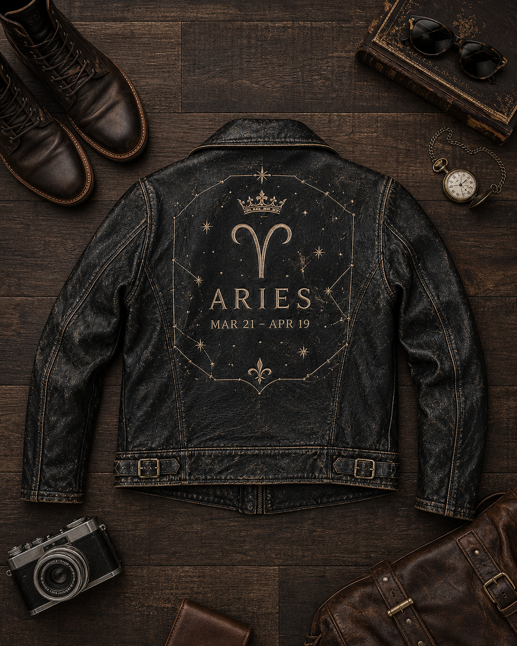 Men's Aries Zodiac Embroidered Leather Jacket - Black, back view