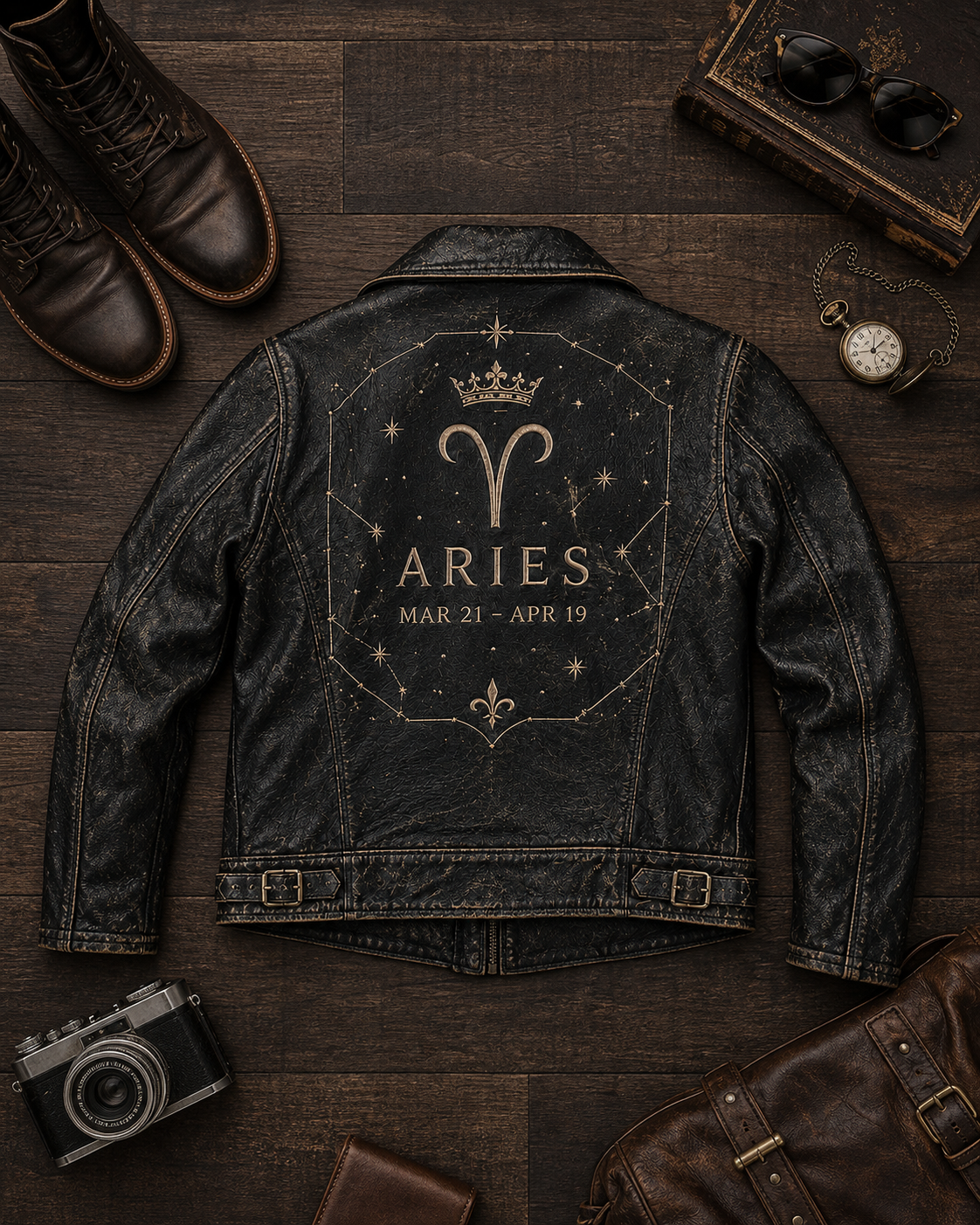 Men's Aries Zodiac Embroidered Leather Jacket - Black, back view