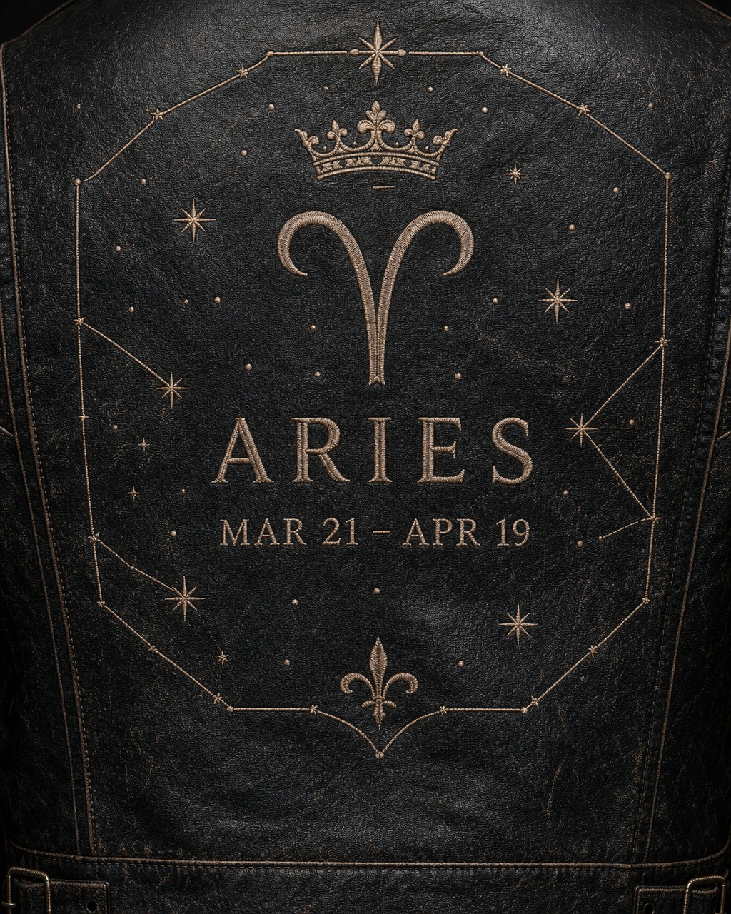 Men's Aries Zodiac Embroidered Leather Jacket - Black, embroidery close-up