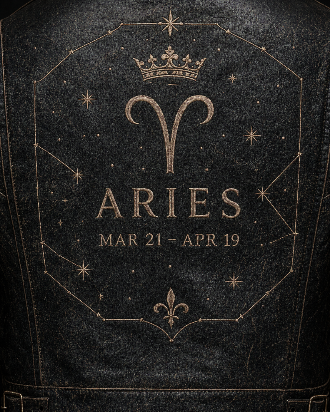 Men's Aries Zodiac Embroidered Leather Jacket - Black, embroidery close-up