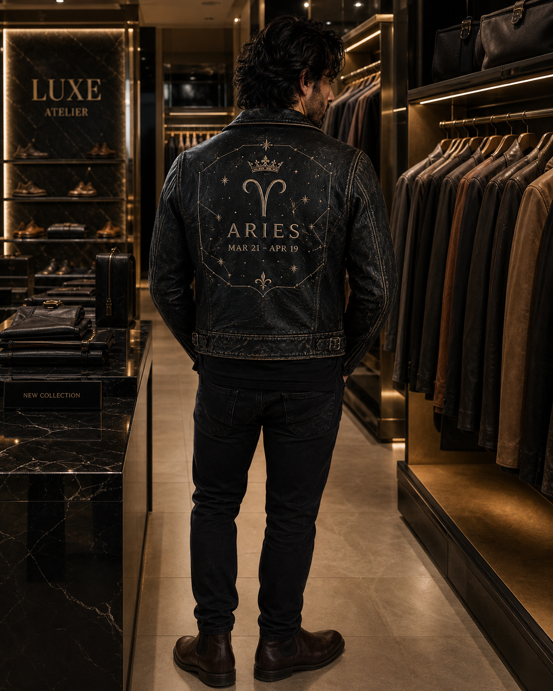 Men's Aries Zodiac Embroidered Leather Jacket - Black, worn in store