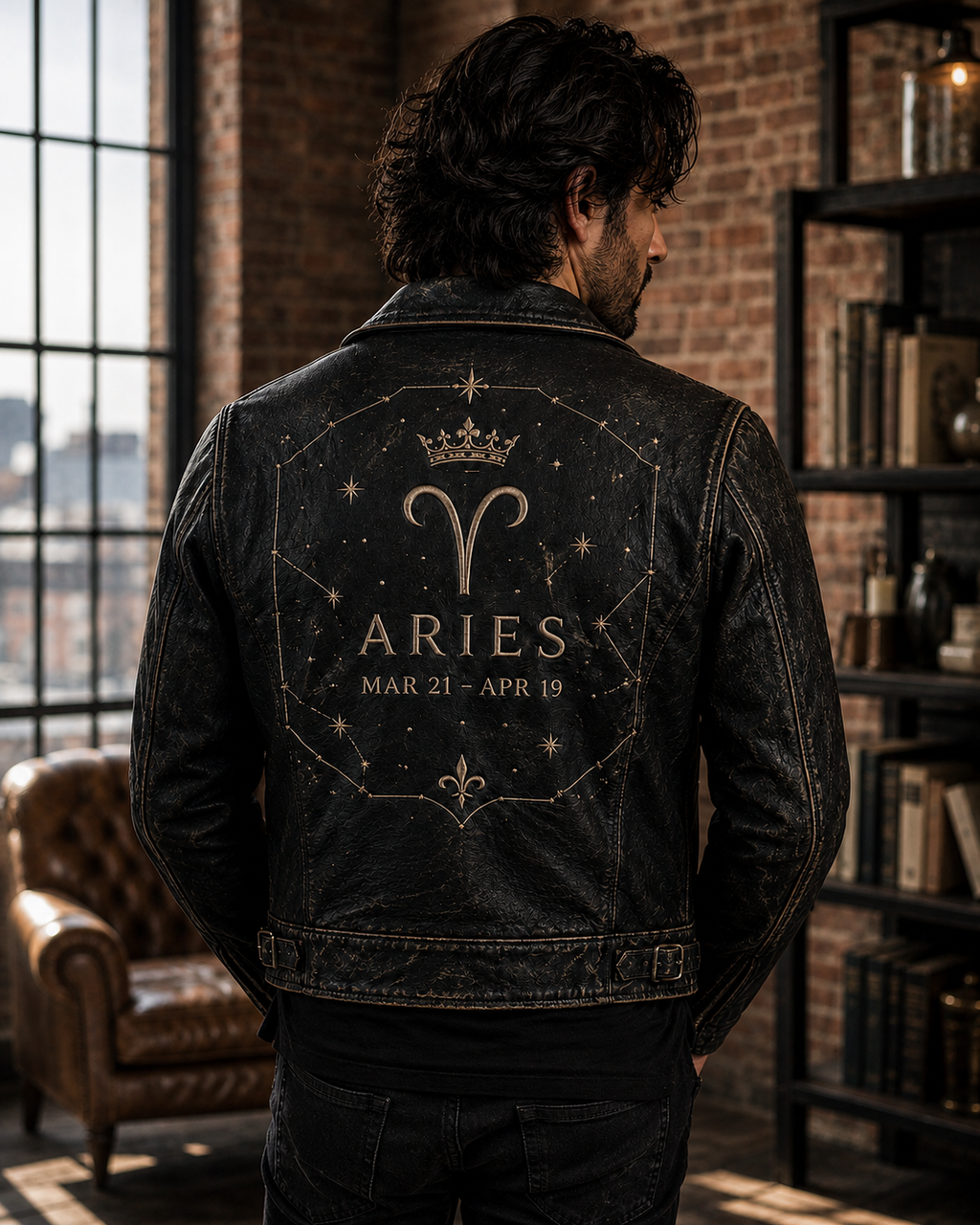 Men's Aries Zodiac Embroidered Leather Jacket - Black, worn back view