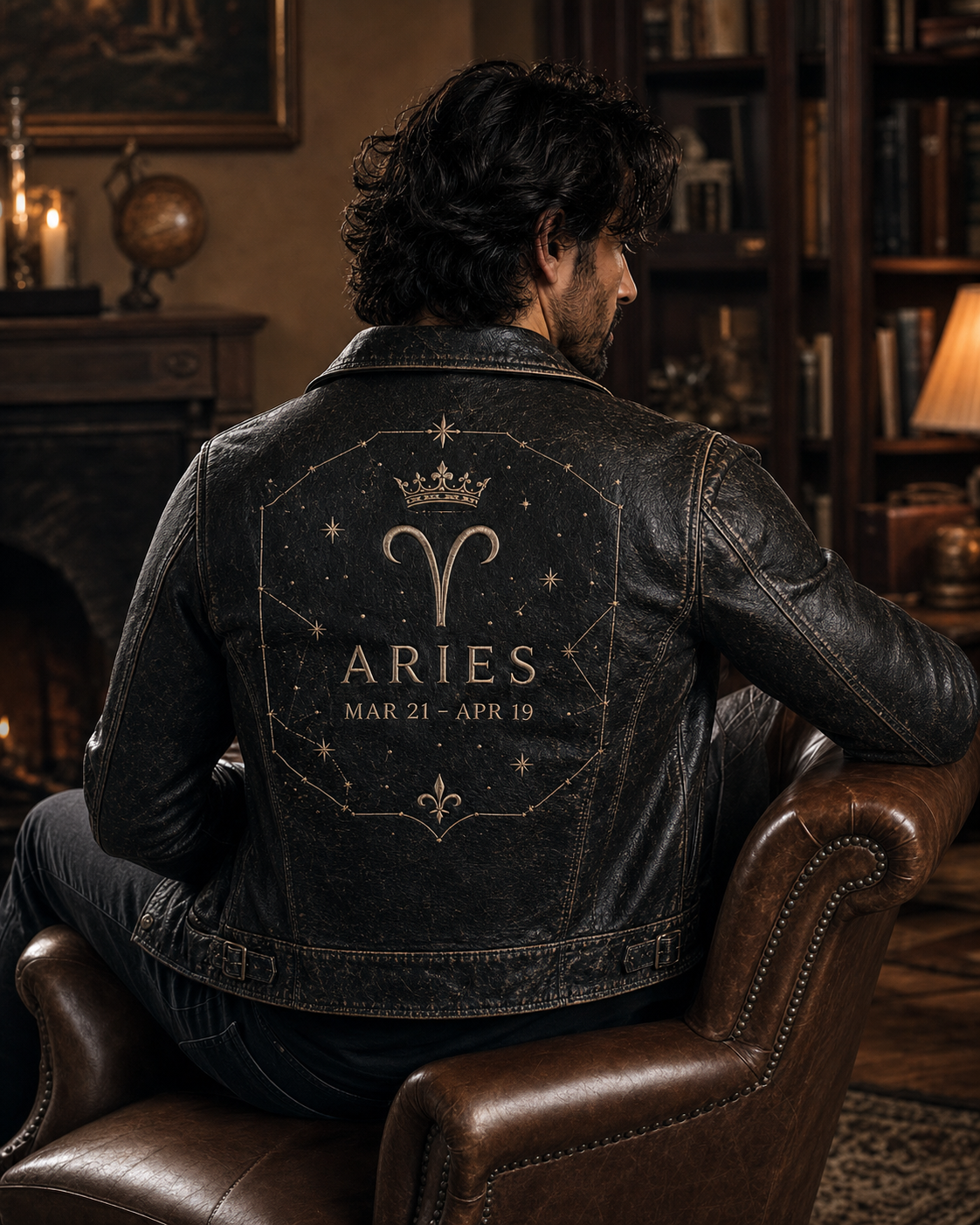 Men's Aries Zodiac Embroidered Leather Jacket - Black, seated lifestyle