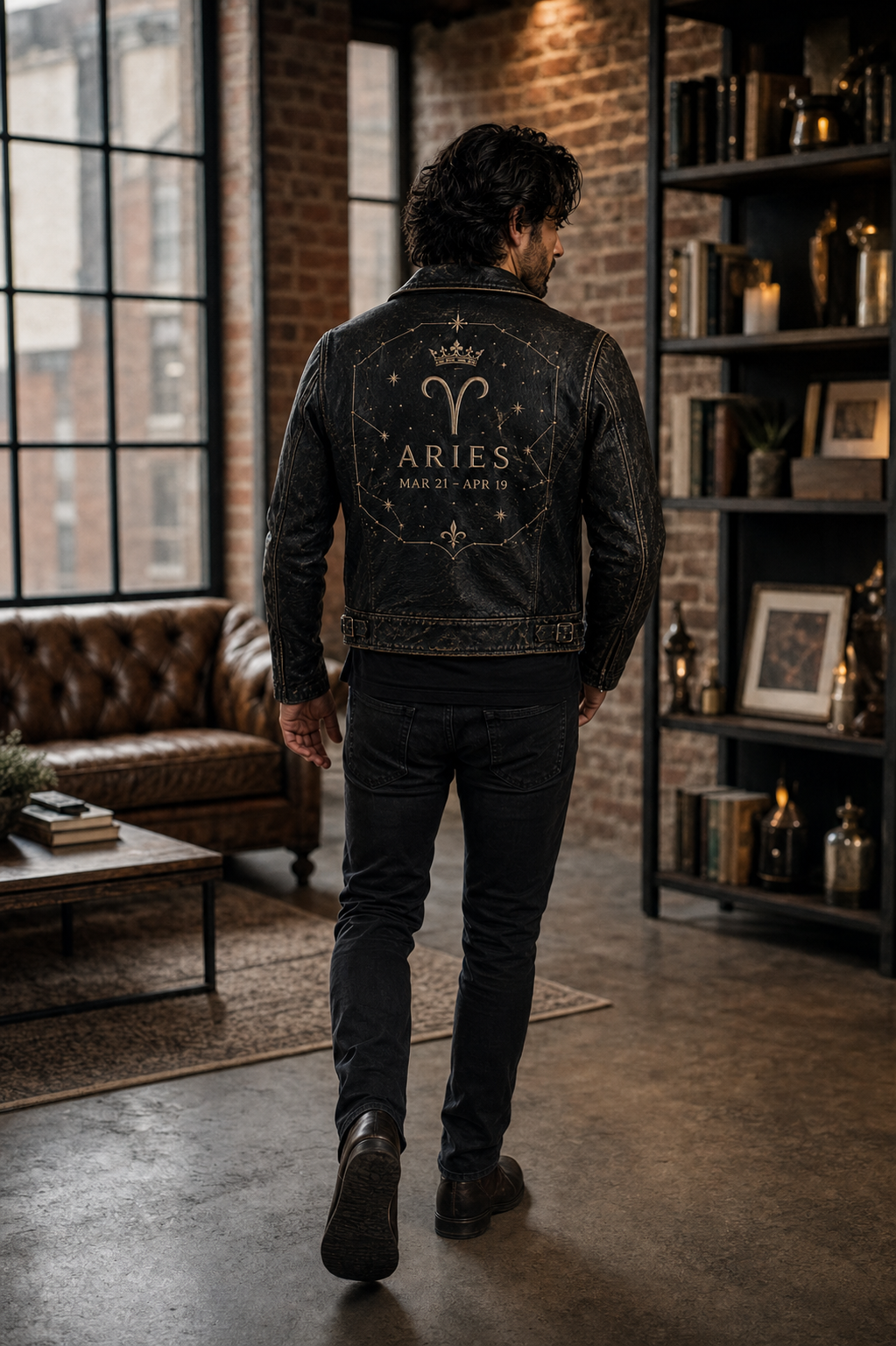 Men's Aries Zodiac Embroidered Leather Jacket - Black, walking lifestyle