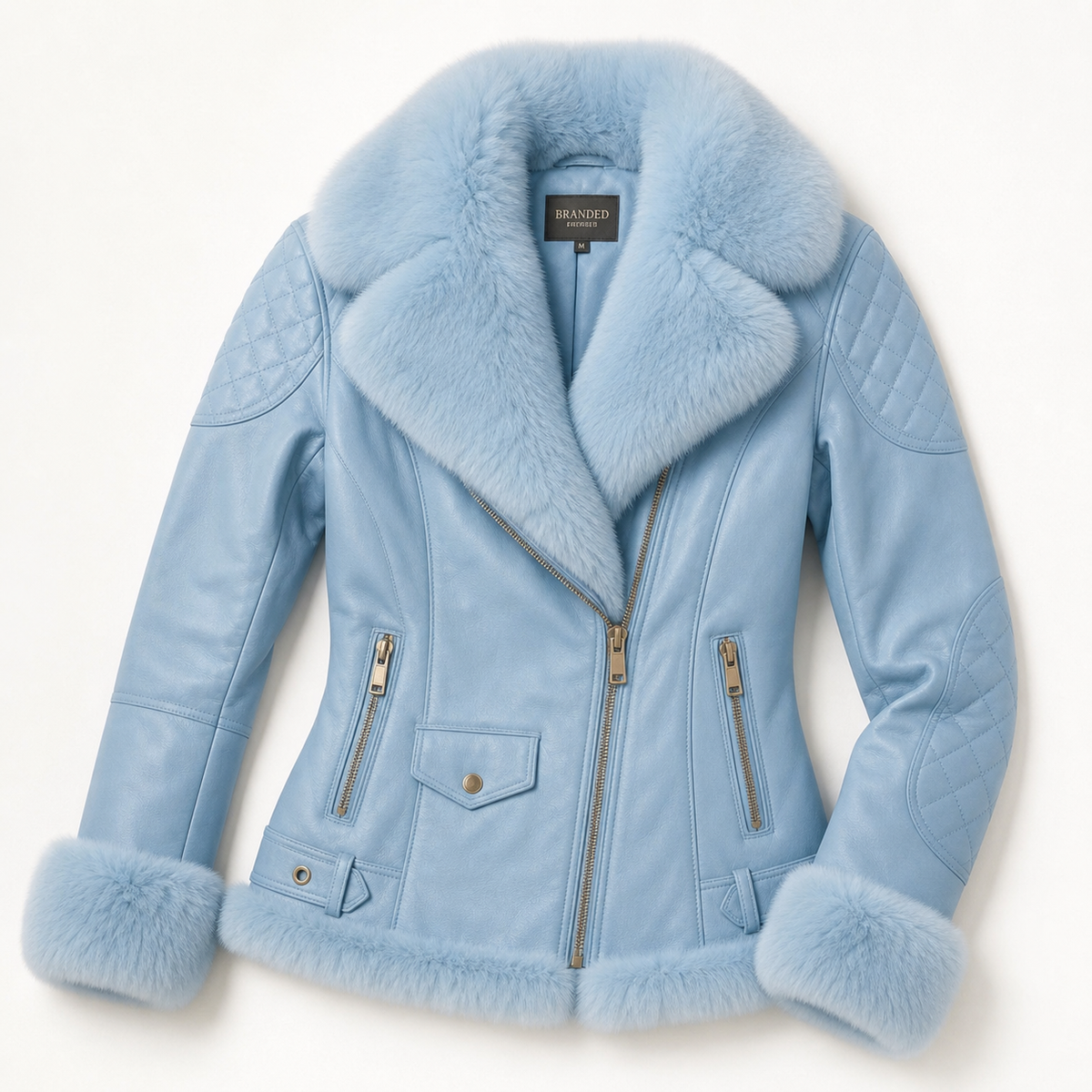 Aspen Sky Blue Faux Fur Trim Leather Jacket - Blue, flat lay