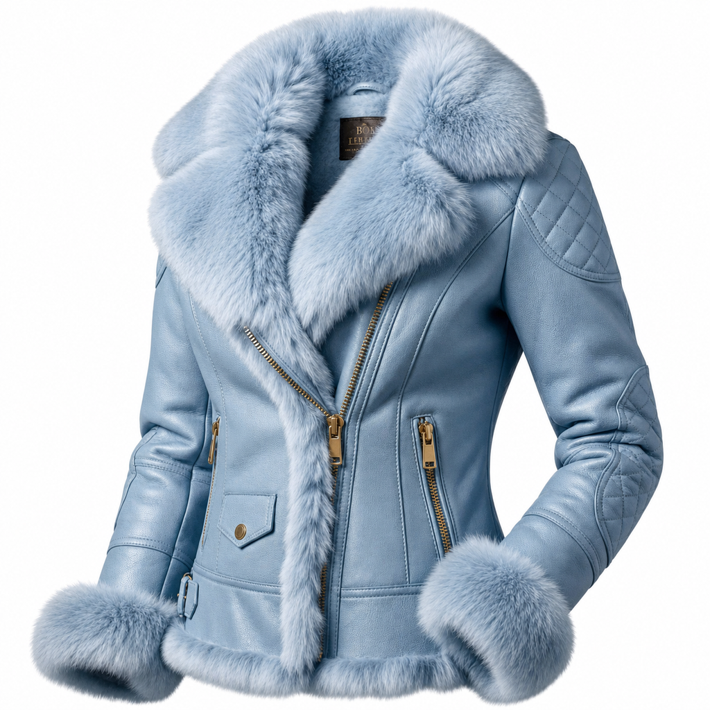 Aspen Sky Blue Faux Fur Trim Leather Jacket - Blue, front view