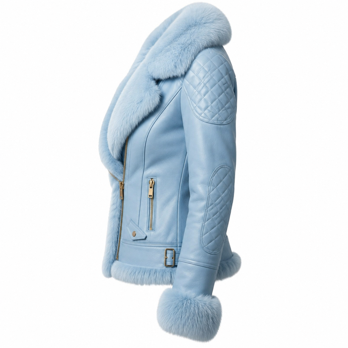 Aspen Sky Blue Faux Fur Trim Leather Jacket - Blue, side view