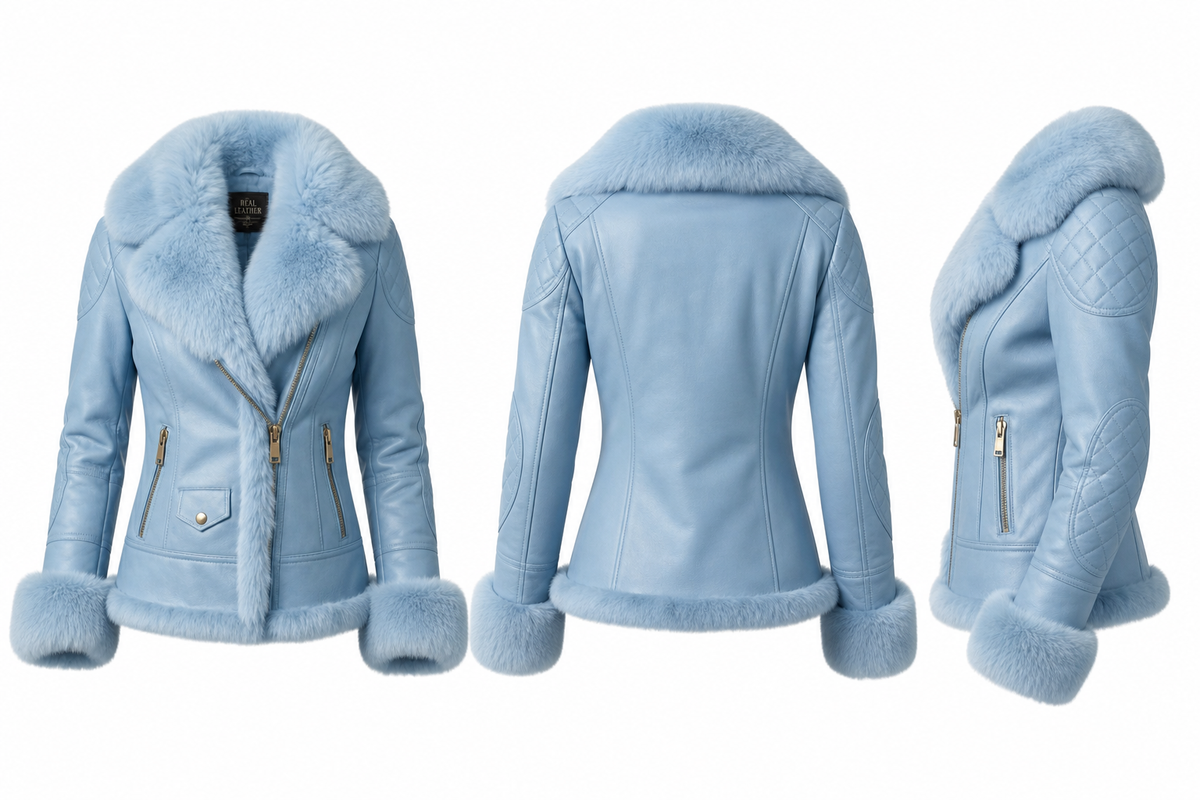 Aspen Sky Blue Faux Fur Trim Leather Jacket - Blue, front, back and side views