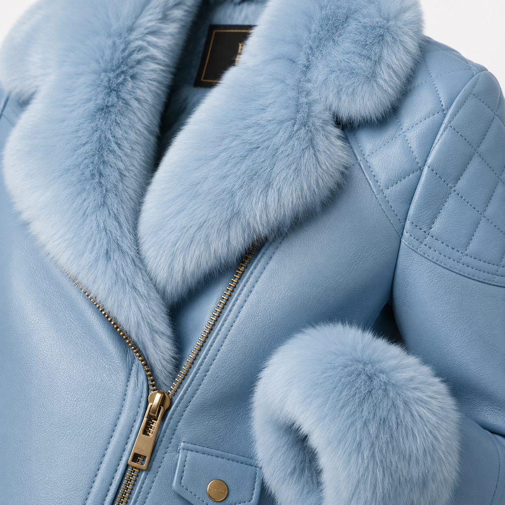Aspen Sky Blue Faux Fur Trim Leather Jacket - Blue, faux fur collar and cuff detail