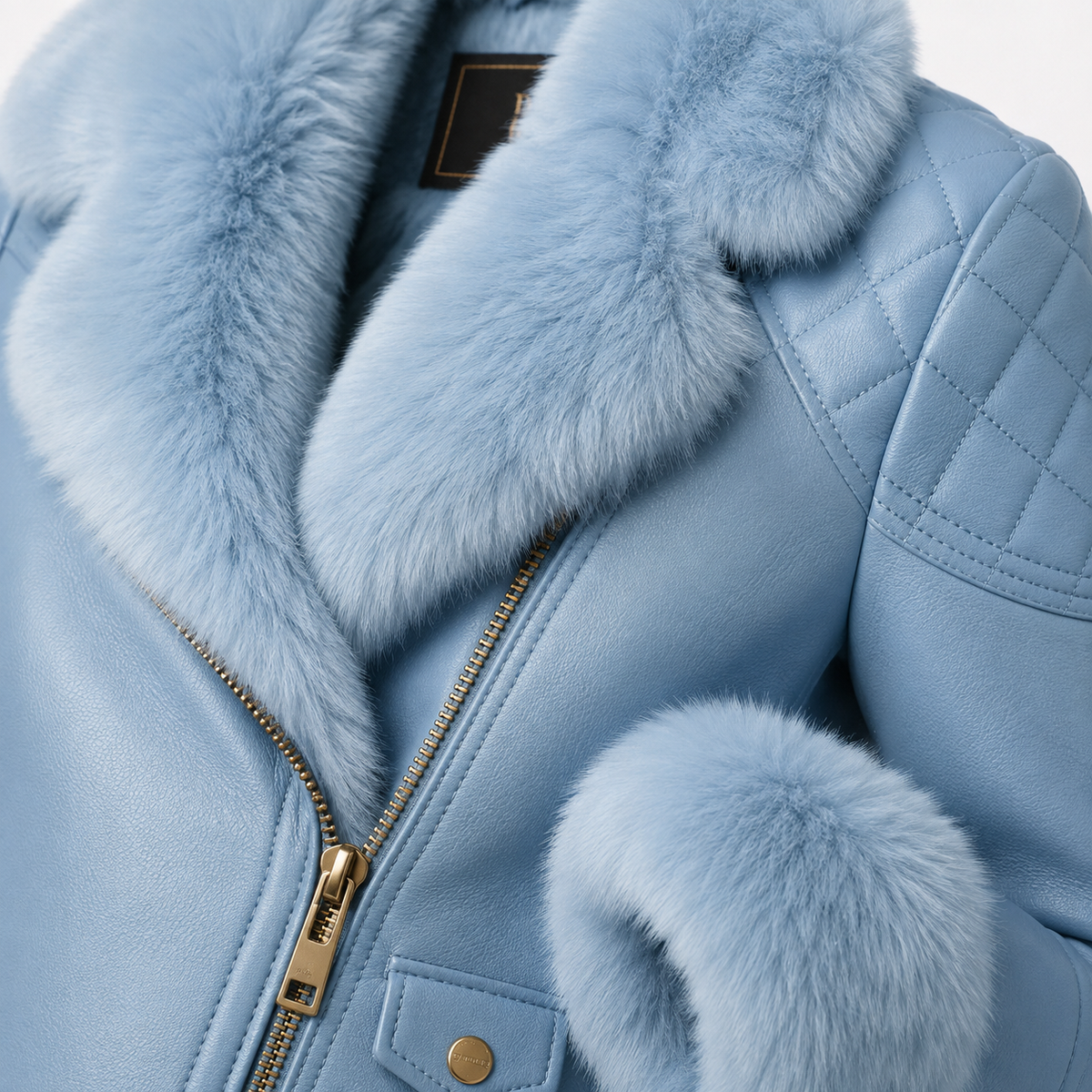 Aspen Sky Blue Faux Fur Trim Leather Jacket - Blue, faux fur collar and cuff detail