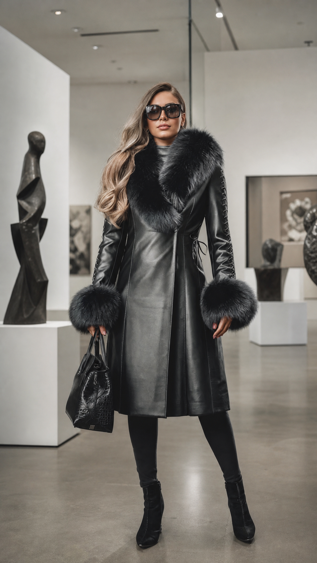 Aurelia Luxury Black Leather Long Coat with Fur Trim | Genuine Leather