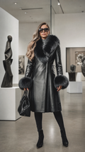 Aurelia Luxury Black Leather Long Coat with Fur Trim | Genuine Leather