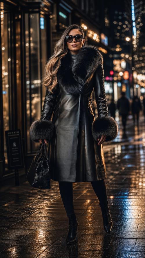 Aurelia Luxury Black Leather Long Coat with Fur Trim | Genuine Leather 02