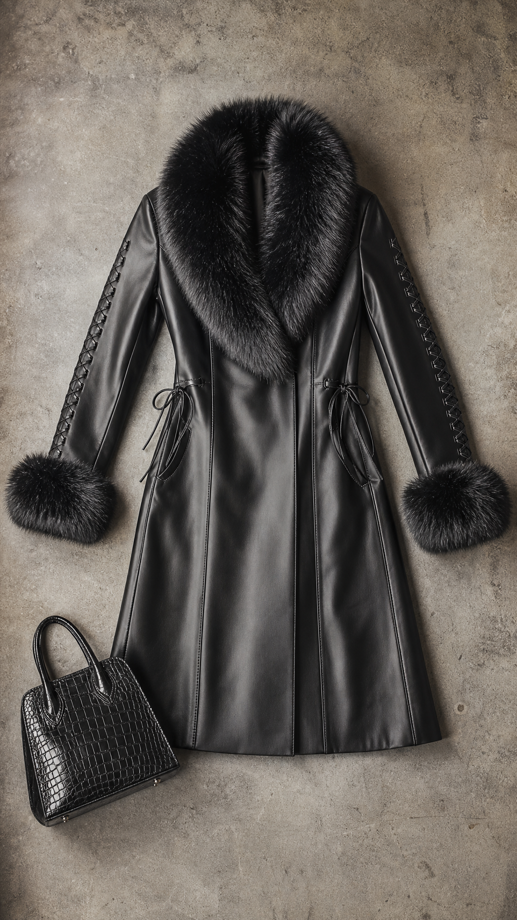 Aurelia Luxury Black Leather Long Coat with Fur Trim | Genuine Leather 03