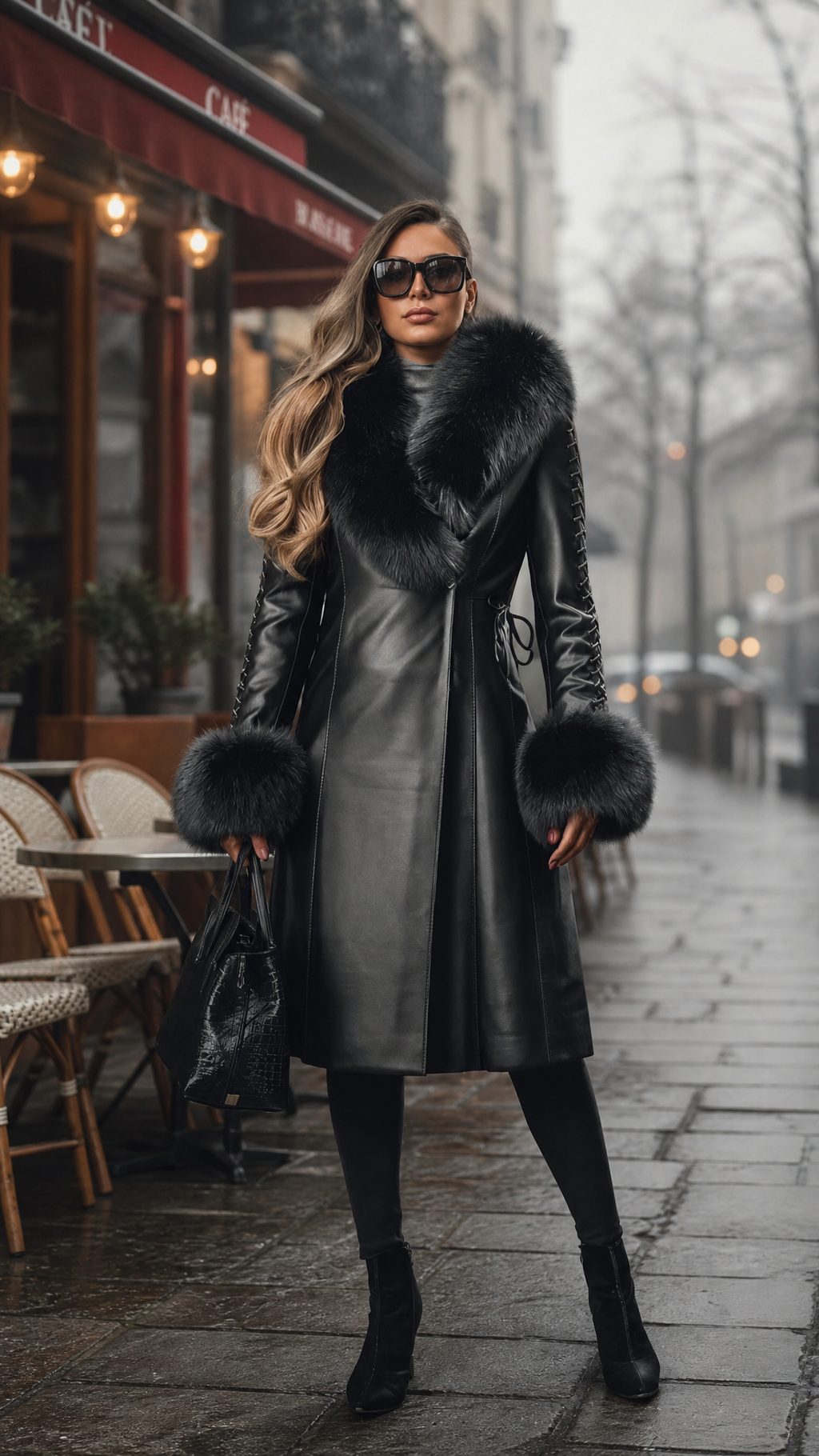 Aurelia Luxury Black Leather Long Coat with Fur Trim | Genuine Leather 04