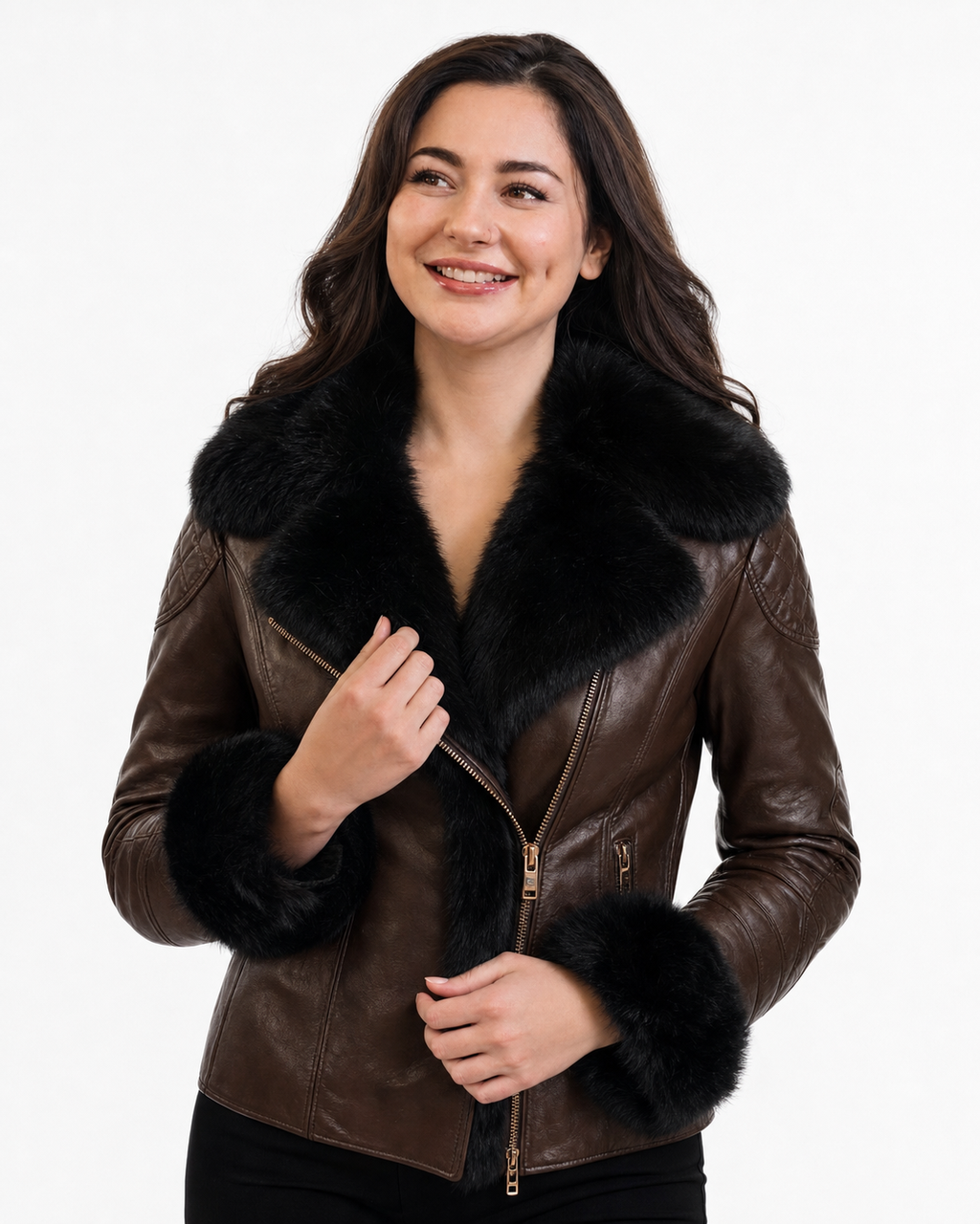 Camille Faux Fur Collar Leather Jacket - Brown, front view