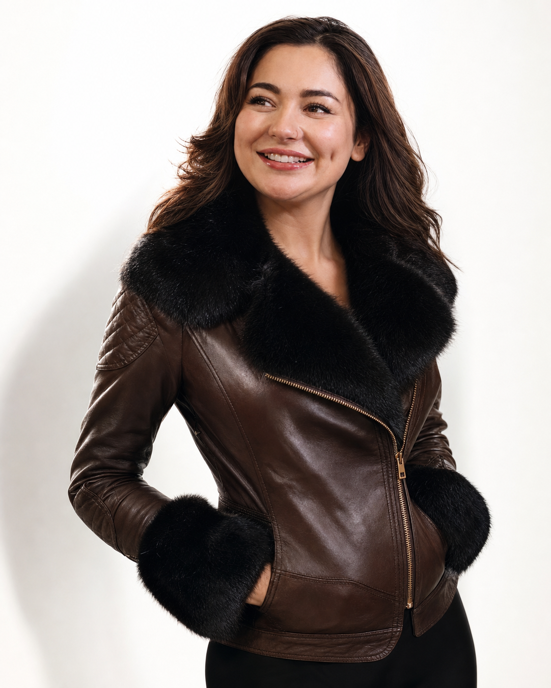 Camille Faux Fur Collar Leather Jacket - Brown, three-quarter view