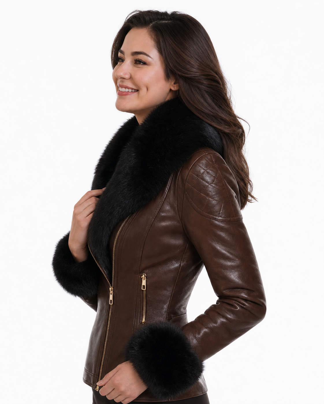 Camille Faux Fur Collar Leather Jacket - Brown, side view