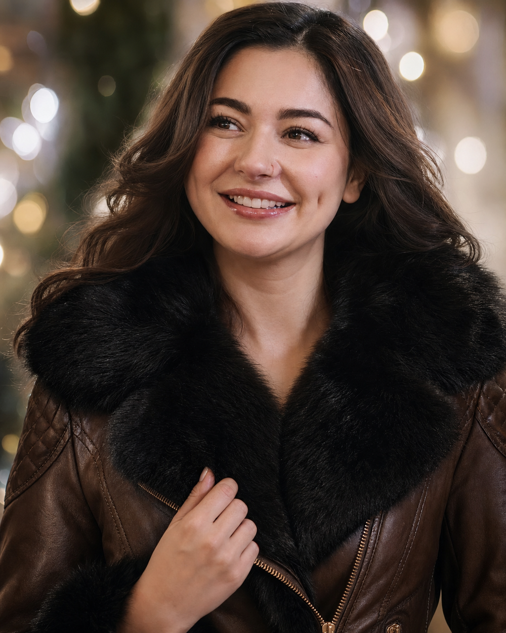Camille Faux Fur Collar Leather Jacket - Brown, faux fur collar detail