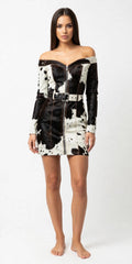 Cassidy Off-Shoulder Hair-On Cowhide Belted Mini Dress - Black & White, full-length front view