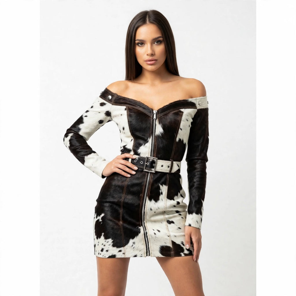 Cassidy Off-Shoulder Hair-On Cowhide Belted Mini Dress - Black & White, hand on hip pose