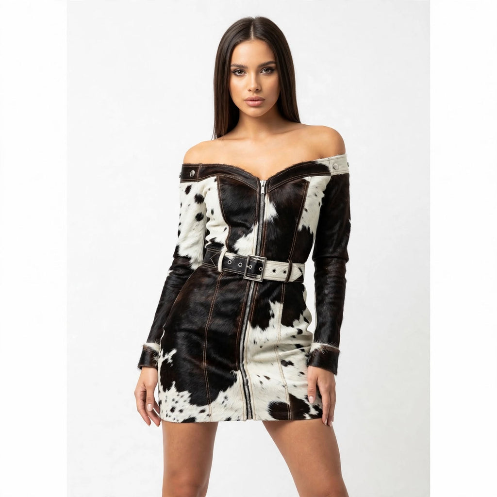 Cassidy Off-Shoulder Hair-On Cowhide Belted Mini Dress - Black & White, three-quarter view