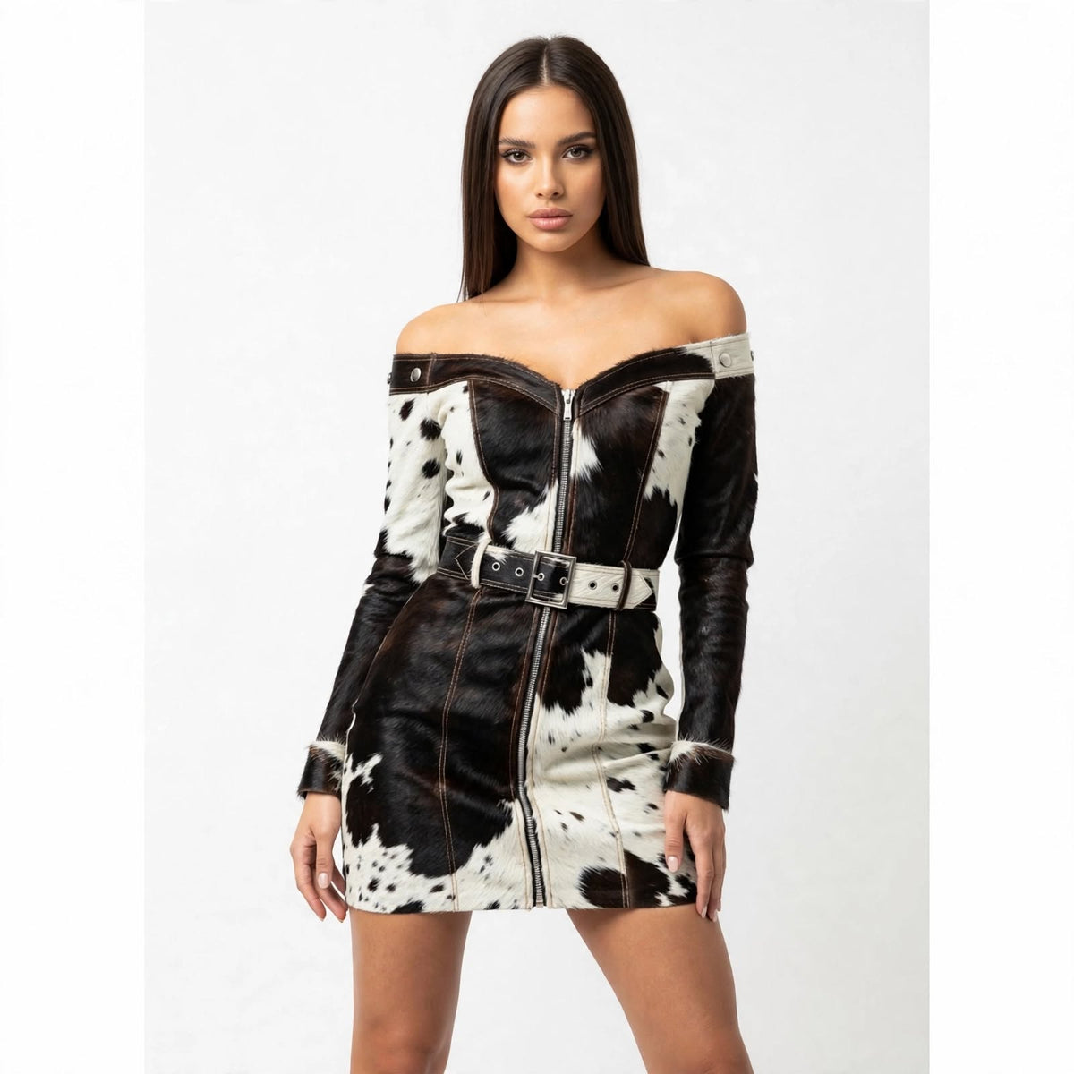 Cassidy Off-Shoulder Hair-On Cowhide Belted Mini Dress - Black & White, three-quarter view