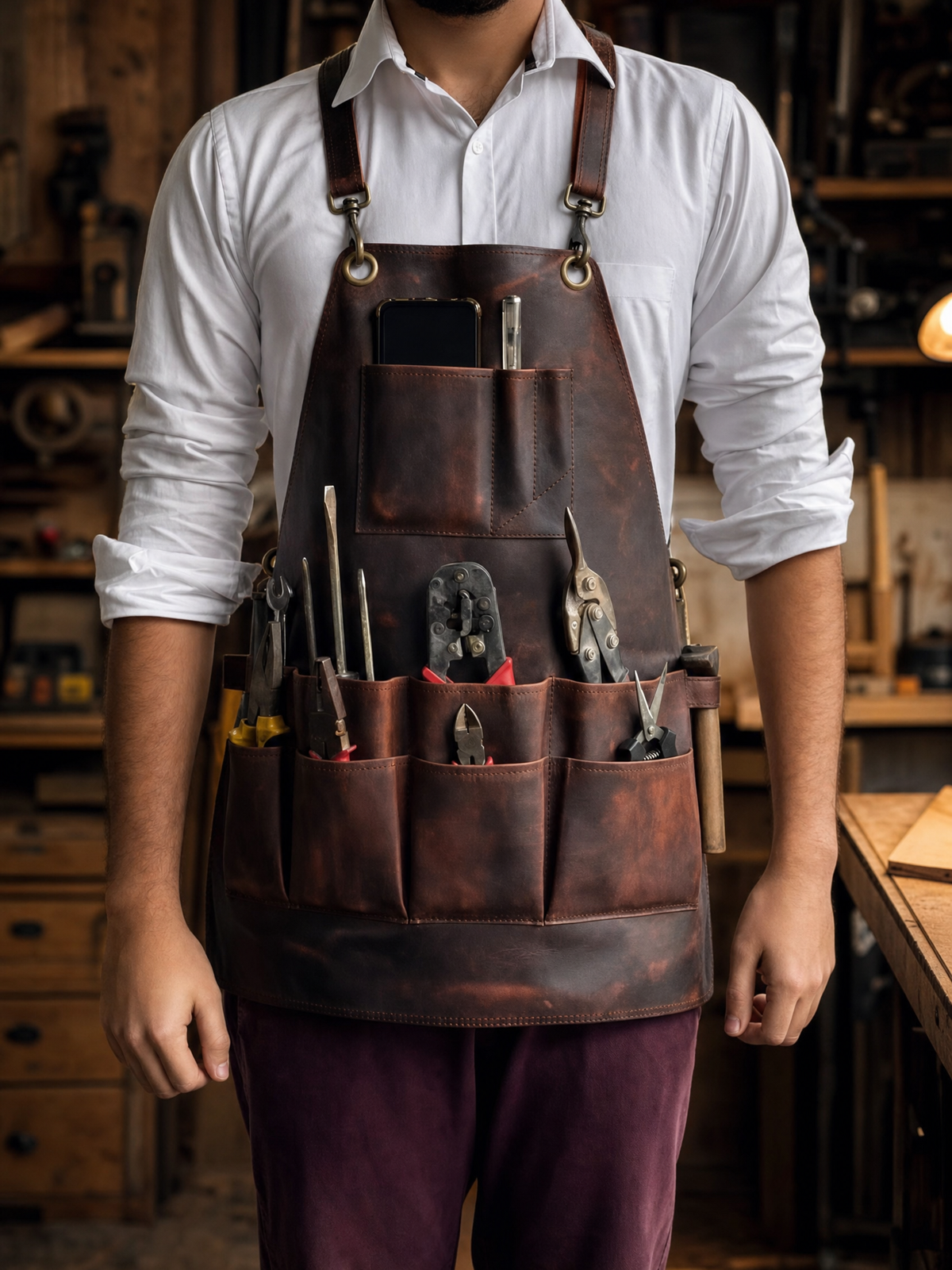 Craftsman Leather Tool Apron - Brown, worn in the workshop