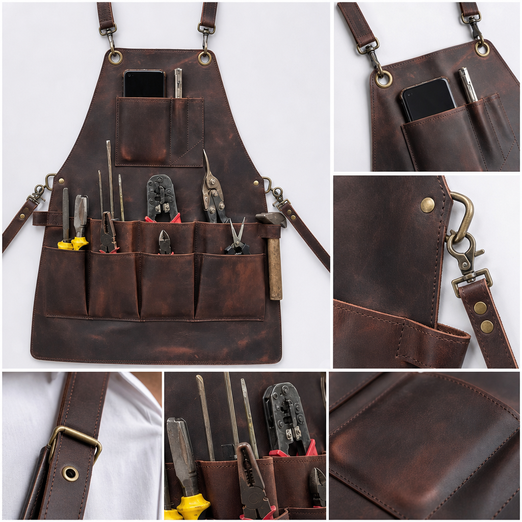 Craftsman Leather Tool Apron - Pocket, clip and strap details