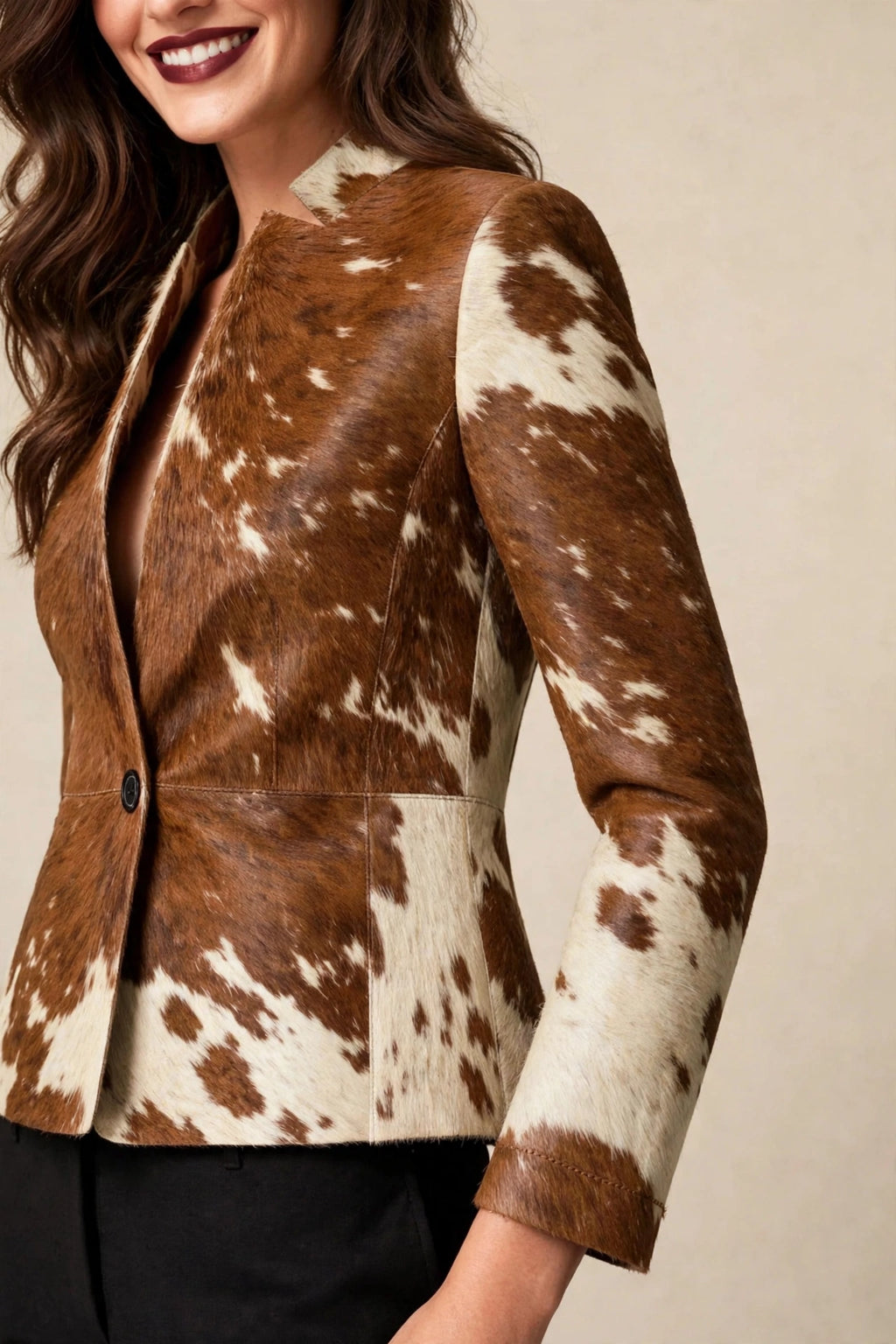 Dakota Hair-On Cowhide Leather Blazer - Brown & White, open front styling