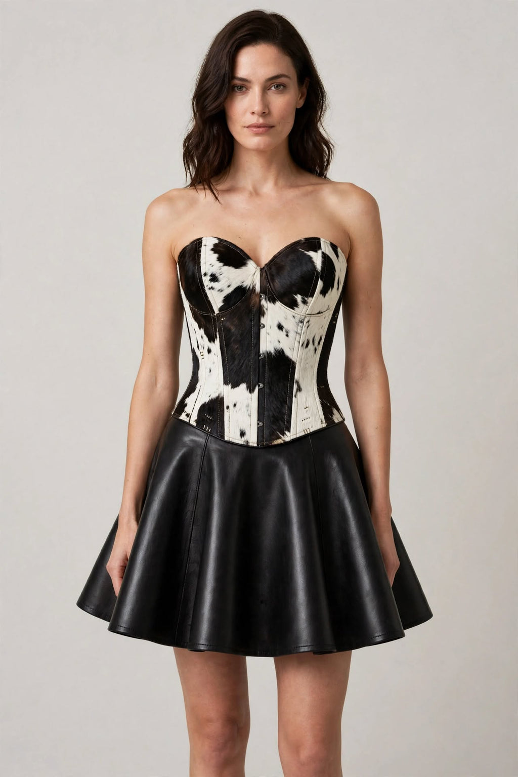 Dolly Hair-On Cowhide Corset Leather Skater Dress - Black & White, front view