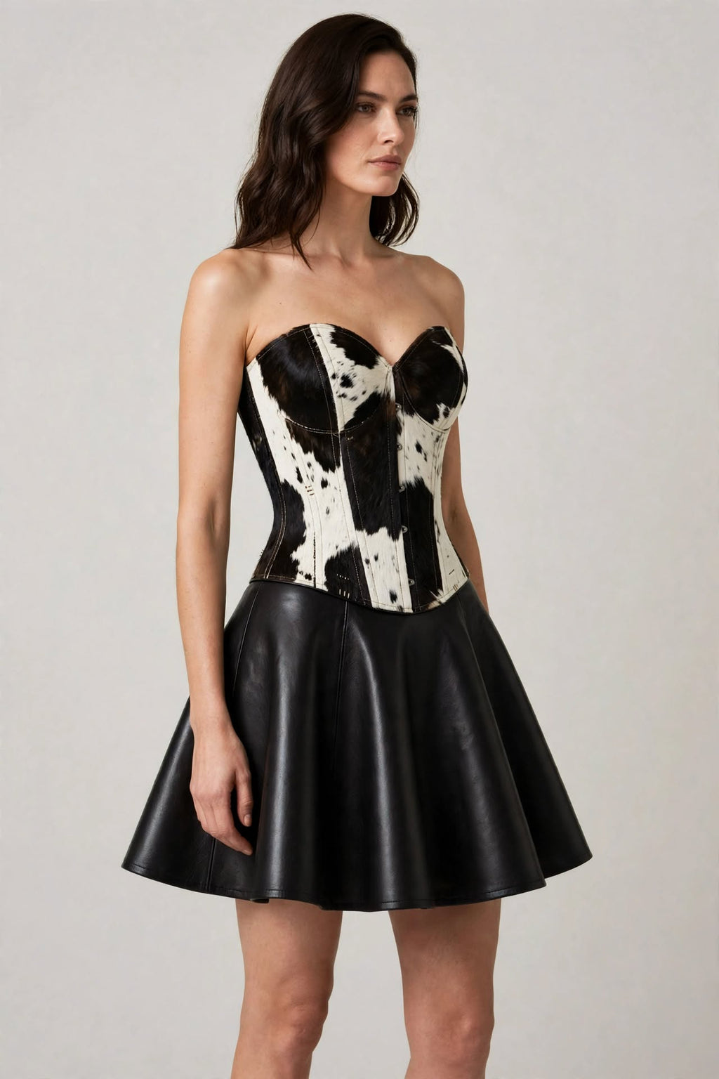Dolly Hair-On Cowhide Corset Leather Skater Dress - Black & White, side view