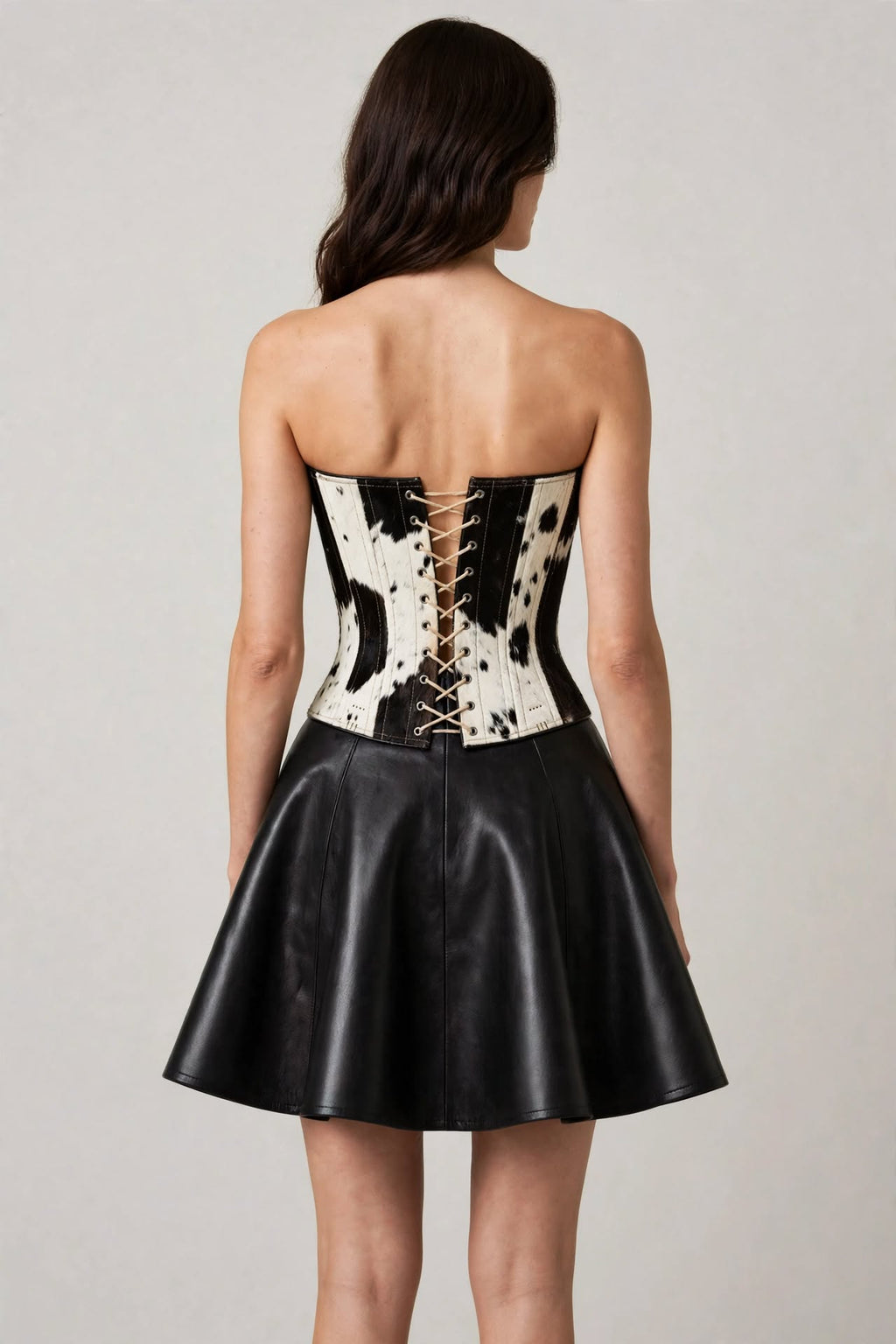 Dolly Hair-On Cowhide Corset Leather Skater Dress - Black & White, back view with lace-up