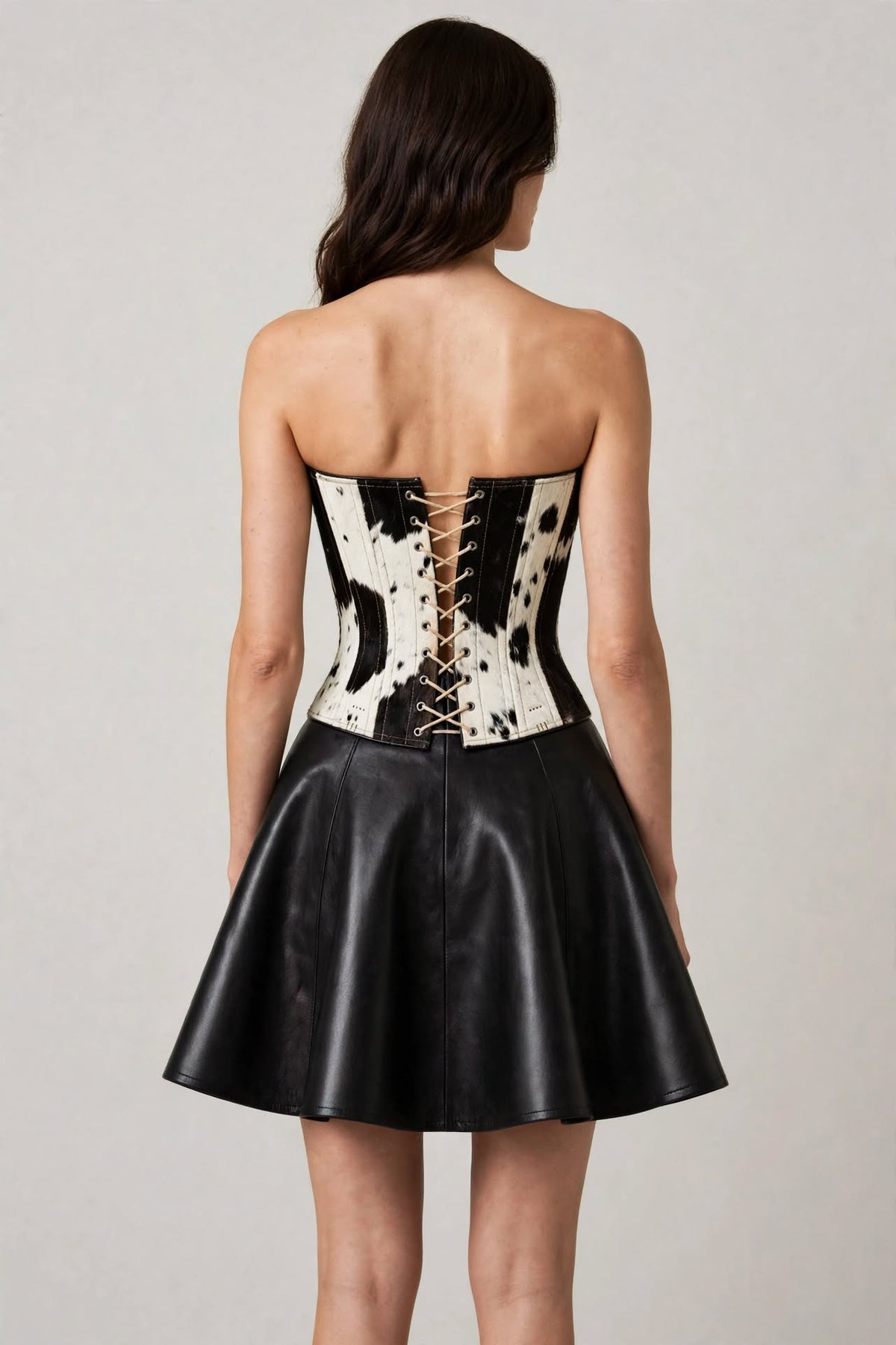 Dolly Hair-On Cowhide Corset Leather Skater Dress - Black & White, back view with lace-up